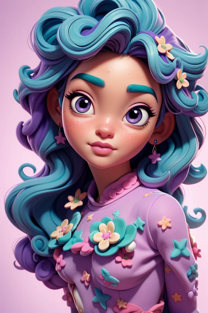 create an 3d illustration, model realistic, exuberant, big white stars bright eyes, expression of admiration, curly hair vivid teal green, lavender hair clip, purple pulover with white dots,, woman sofisticaded, luxury, realistic, nitid, fushia pink lips, pixar style, stylish, look for the camera, white background, center photo
