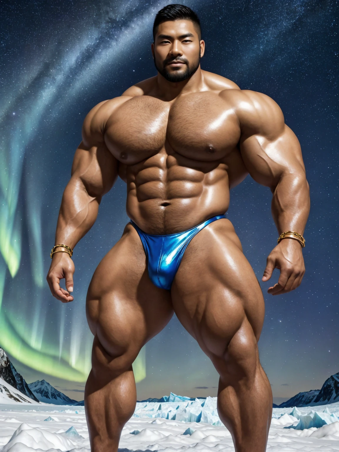 There is only one handsome Chinese man in the photo，35 years old，tall, Fitness，Smooth body，Smooth skin，No chest hair，short hair, O-Shaped Beard，Perfect body, Dark skin color，Radiant Skin，Smooth skin，Shiny, shiny skin，Smooth pectoral muscles，Muscle bulge, muscular, Very large pectoral muscles，Very sexy abdominal muscles，Very well-developed leg muscles，Huge concave and convex area，Brightens oily skin，Wearing a shiny gold leather thong，Handsome face，Normal human toes，Correct and accurate male body proportions，Gold Collar，Gold bracelet，Gold anklets，Stand on a glacier，Night sky，A sky full of stars，There are auroras，Colorful，Charming dream scene，Epic。

