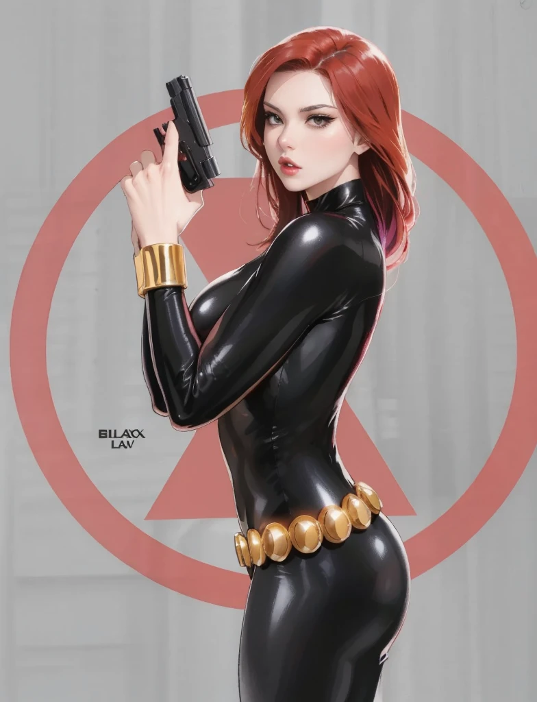 Black Widow, from the Marvel Comics universe. She is showcased in a sleek skin-tight shiny black latex bodysuit, a belt made of golden circles, and golden wrist guards. In her right hand, she is holding a gun. The ambiance divulges power, strength, and an impressive aura radiated by Black Widow.