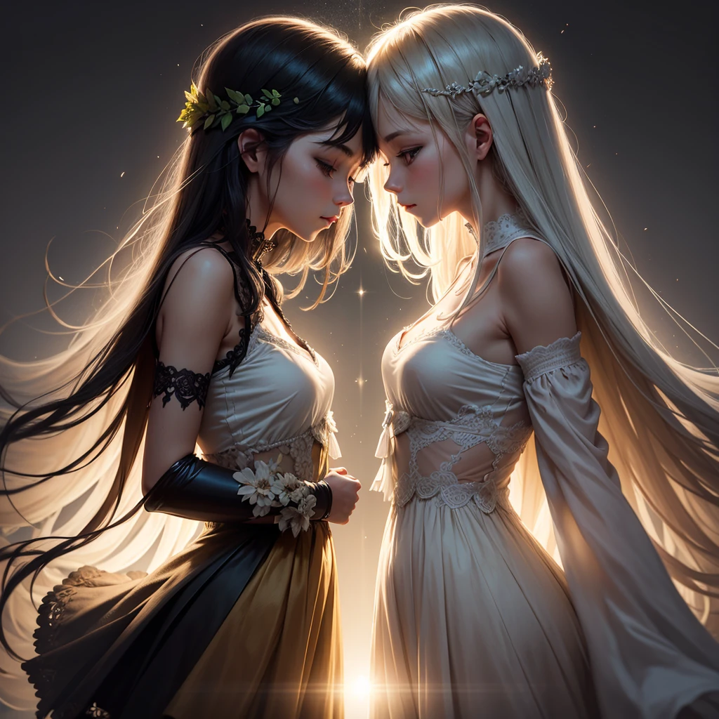 a pair of identical twin girls, face to face, full body, beautiful detailed eyes, beautiful detailed lips, extremely detailed eyes and face, long eyelashes, ethereal, mystical, soft lighting, cinematic composition, serene, peaceful, flawless skin, porcelain skin, detailed clothing, flowing dress, ambient lighting, pastel colors, dreamlike, fantasy