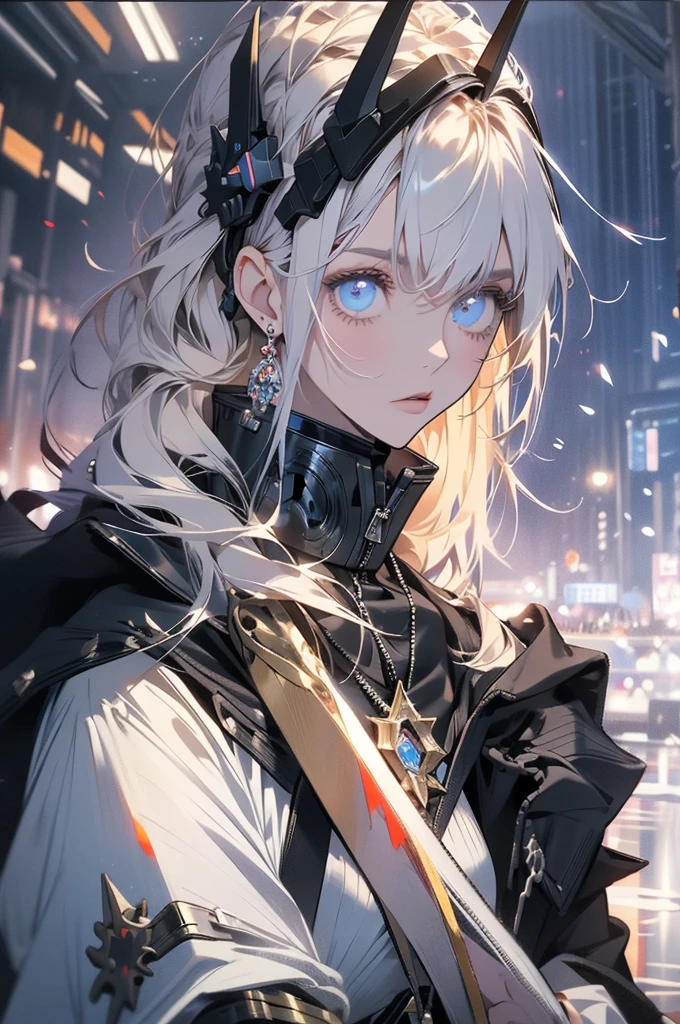 top-quality、tmasterpiece、超A high resolution、(Photorealsitic:1.4)、RAW photo、Battle Robot Angel、Large wing made of metal、White porcelain body、Acrylic transparent cover、whaite hair、glowy skin、1 Cyborg Girl、((Super realistic details))、porate、globalillumination、black shadows、octan render、8K、ultrasharp、Character edge light,Colossal 、Raw skin is exposed in cleavage、Details of complex ornaments、Details of the Twin Zeta Gundam、Hydraulic cylinder、small led lights、highly intricate detail、Realistic light、a purple eye、Radiant eyes、Facing the camera、neon light detail、cow boy shot、Futuristic headgear、Floor plan about the《cyber punk perssonage》、、