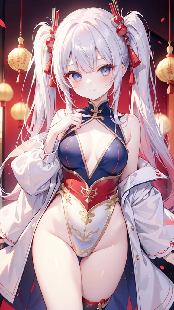 Silver Hair、Twin tails、Red gradient hair、Navy blue hair ornament、Golden hair ornament、Red and navy blue odd eyes、smile、Grown-up、White Chinese Dress、red decoration、Navy blue decoration、Golden decoration、Silver decoration、Shoulder Bare、Chest、tights、Chinatown