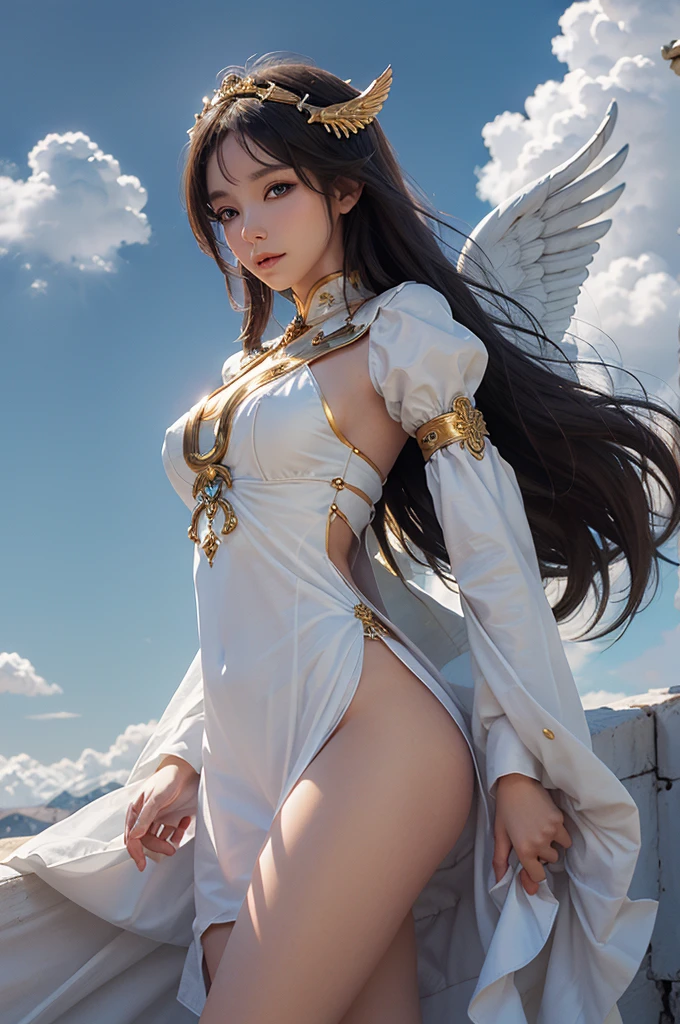 create an image of a human, a kind of goddess with robotic wings, on top of a white cloud with golden castles in the background. let the human wear Greek clothes
