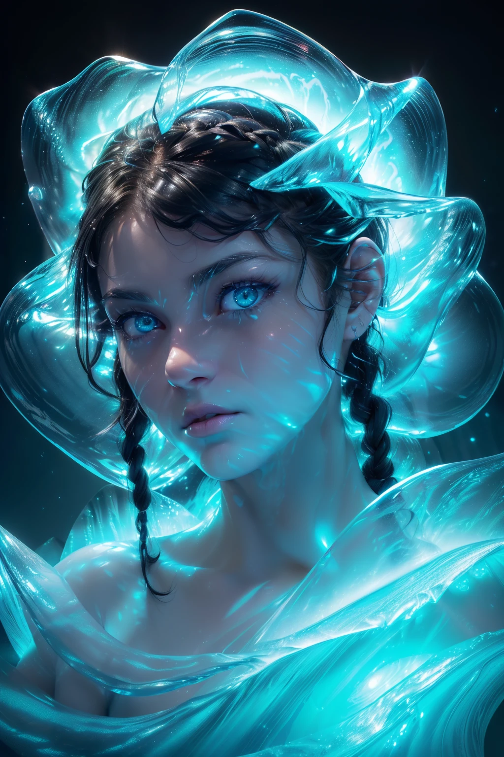 (((the blue energy human body, front facing, full body, 1girl, 18 year old, caucasian, green eyes, perfect eyes, perfect iris, perfect pupils, perfect lips,perfect nose, perfect hands, very detailed hands, perfect fingers, black hair, short hair, straight hair, small braid in her hair, nature, subsurface scattering, transparent, translucent skin, glow, bloom, Bioluminescent liquid,3d style, warm color, vibrant, volumetric light, ice all around,  water waves all around,)))