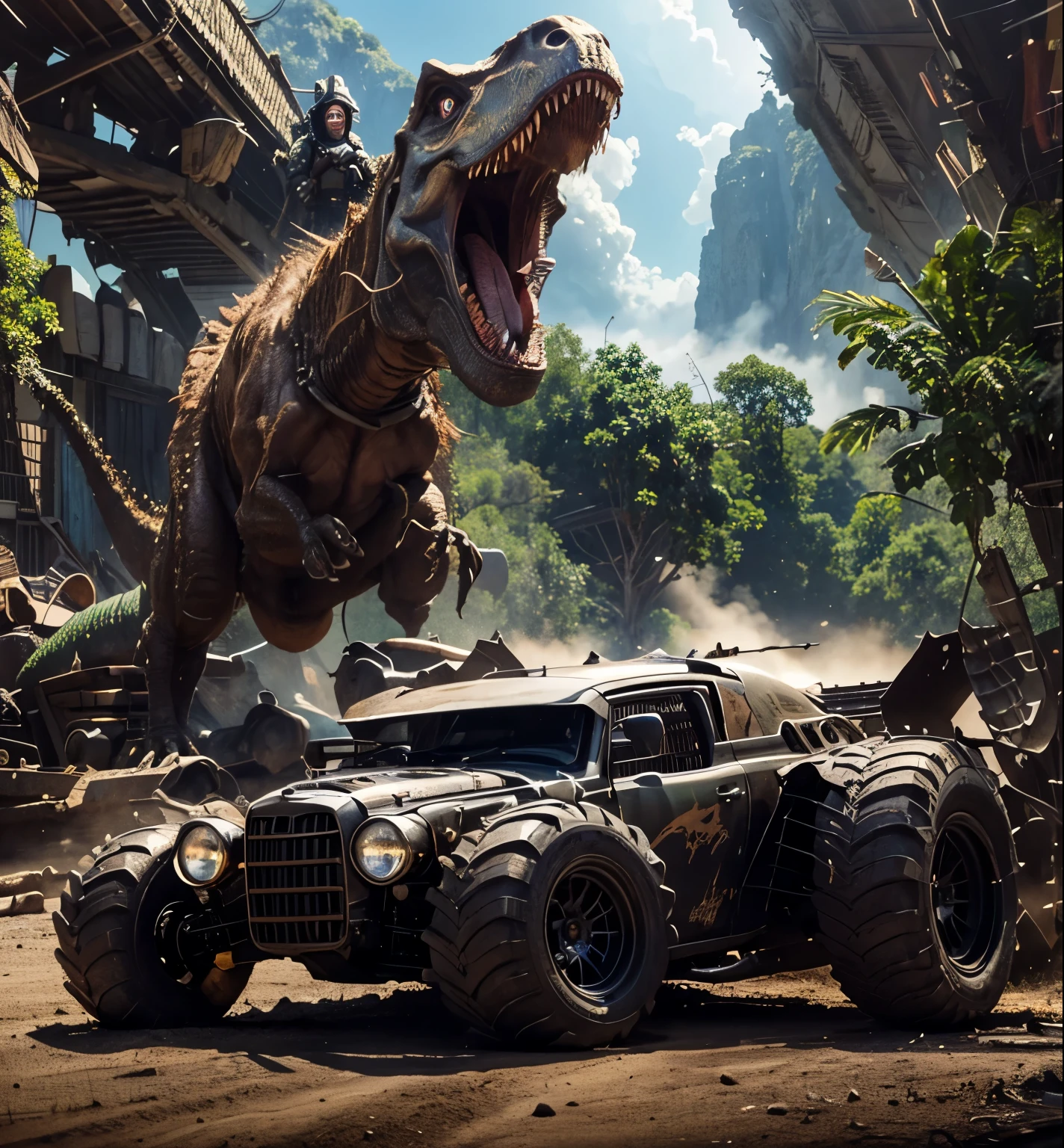 there is an armed hot rod car with a dinosaur on the back, hiper-realistic inspired by James Gurney, cinematic view, anime art vehicle concept art, james gurney painting style, car concept art, 8 k high detail concept art, by Craig Thompson, concept art digital illustration, highly realistic concept art, concept art 8 k, concept art h 8 0 0, inspired by Rudy Siswanto