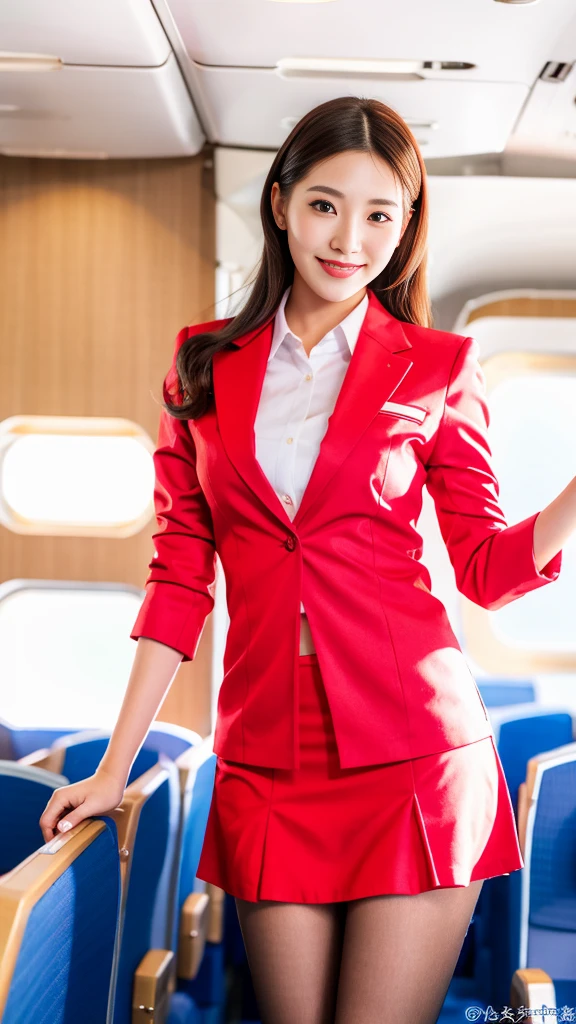 (8k, masterpiece, RAW photo, best quality:1.4), (photo realistic:1.2), professional photograph, well-defined contours, extremely beautiful face, detailed face, stunning face, (extremely beautiful Japanese actress dressed in cabin crew uniform with tight mini skirt, happy smile), (incorporating cool biz elements), (ideal body proportions, full body:1.1), (revealing panty line:1.1), (extreme close-up thighs:1.1), 1 lady, 26 years old, model posing, emphasized beautiful bodyline, elegant vibe, enchanting smile, soothing expression , inside the airplane in flight on the background, optimal lighting and angle