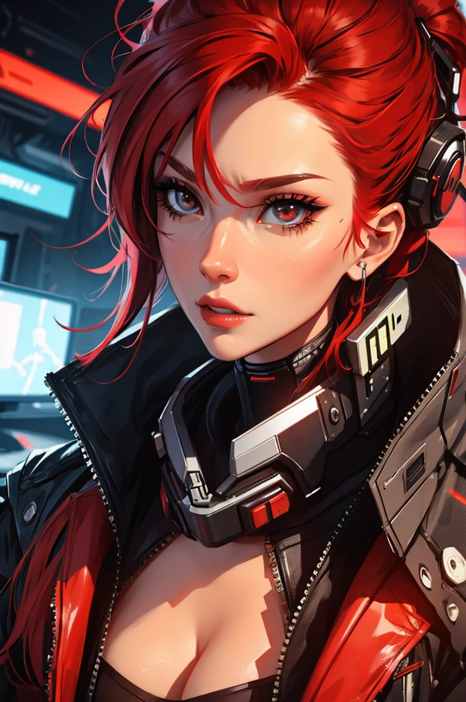 "Artistic Image, The center of this scene is a cyberpunk Japanese hacker with striking dark red hair and eyes. She is seen amidst her high-tech environment, adorned with a sticker of Disney Banksy art. The image should be a blend of digital illustration and anime, featuring a level of detail that brings the character and scene to life. The hacker's anatomy is perfect, capturing the essence of both freedom and soul. Drawing inspiration from Kim Jung Gi, Carne Griffiths, and Wadim Kashin, the illustration features sharp focus, smooth transitions, and an underlying watercolor aesthetic. The environment is filled with digital screens and neon lights, adding to the cyberpunk atmosphere.", 35mm, Medium Shot, Studio Lighting, Highly Detailed, Octane Render