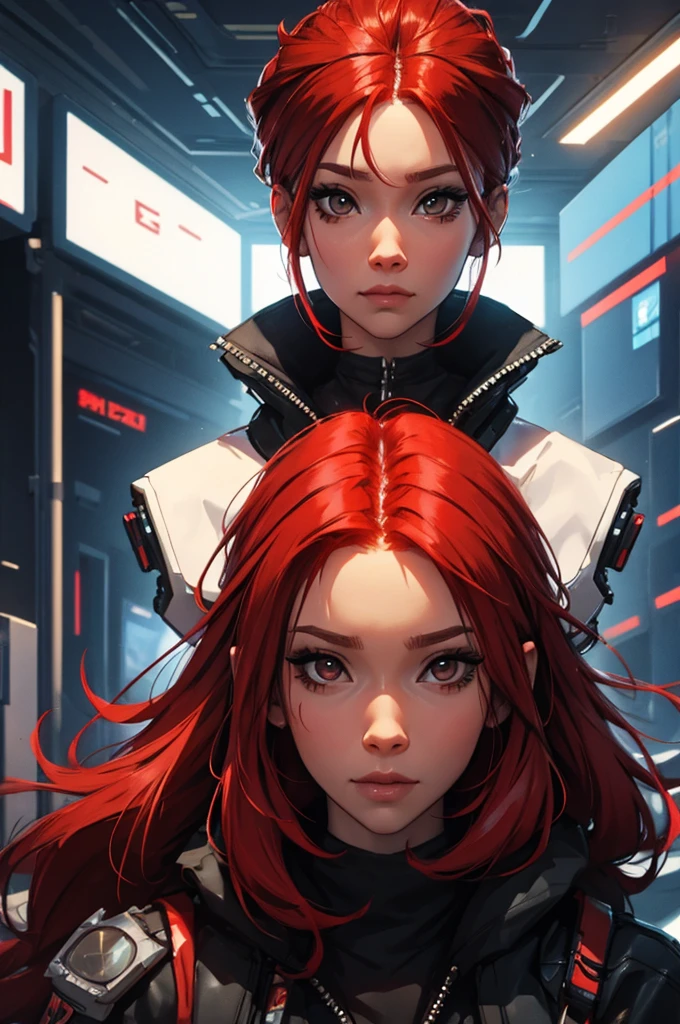 amazing red hair, female cyberpunk character scientist, portrait, face shot, close-up