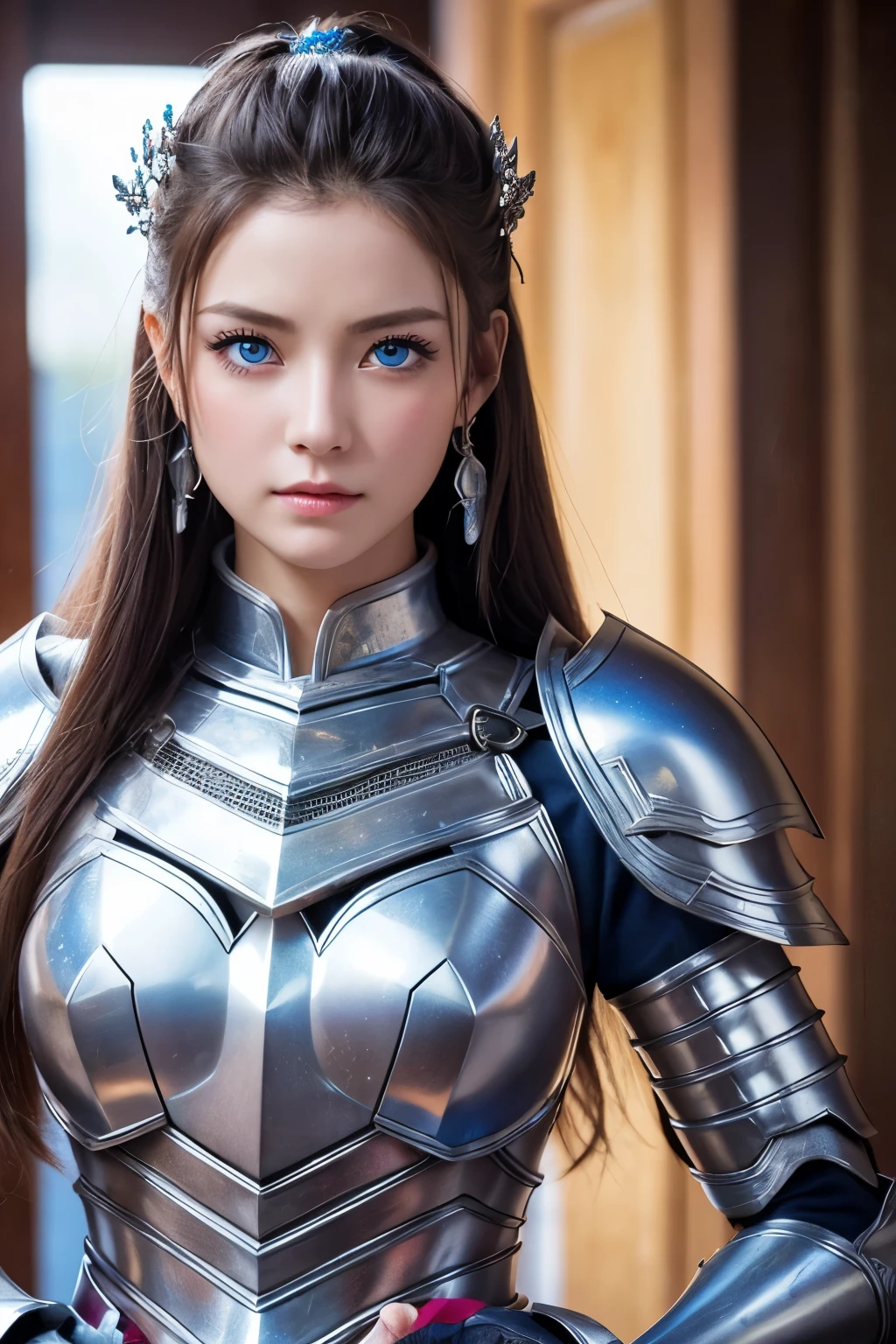 Female General、Ultra HD、High resolution、distinct、Glittering ornaments、Colorful and gorgeous jewelry、Beautiful blue eyes、Silver Armor、Armor that covers the whole body、、