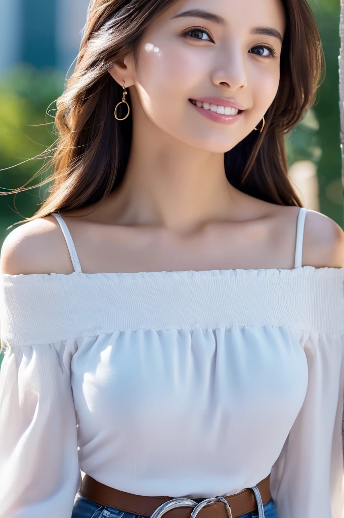 (masterpiece:1.3), high resolution, ultra detailed, extremely detailed CG unity 8k wallpaper, realistic, photo-realistic, RAW photo, beautiful detailed face, pale skin, realistic glistening skin, detailed cloth texture, detailed hair texture, Perfect Style, Beautiful Face, accurate, Anatomically correct, Highly detailed face and skin texture, natural neck length, (wet body, wet hair:1.1),
BREAK
Detailed eyes, symmetric eyes, Brown eyes, Double eyelids, Thin eyebrows, (Sexy Lips:1.3), (happy smile:1.2), (blush:1.2)
BREAK,
((Innocent and Cute girl:1.3)), ((wearing a off-shoulder White blouse:1.4)), (Gold buckle belt), (skinny jeans:1.2), (cross strap high heels:1.2), (necklace, bracelet), (Thin hoop earrings), (pinky ring), (beautiful blue nails:1.2),
Layered Hairstyle, (brown hair:1.2), (wavy hair:1.2), medium long hair, (large breasts, firm breast, nicely shaped breasts:1.1),
BREAK,
((Standing to close:1.4)), ((looking up at viewer:1.2)),
((close-up shot:1.2)), (Focus on face:1.2), (from above:1.2), (in an outdoor stylish beachside terrace), ((A view of The night sky filled with numerous stars and a large full moon shining brightly:1.3)),