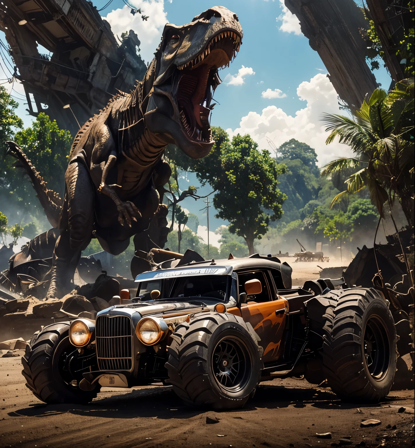 there is an armed hot rod car with a dinosaur on the back, hiper-realistic inspired by James Gurney, cinematic view, anime art vehicle concept art, james gurney painting style, car concept art, 8 k high detail concept art, by Craig Thompson, concept art digital illustration, highly realistic concept art, concept art 8 k, concept art h 8 0 0, inspired by Rudy Siswanto