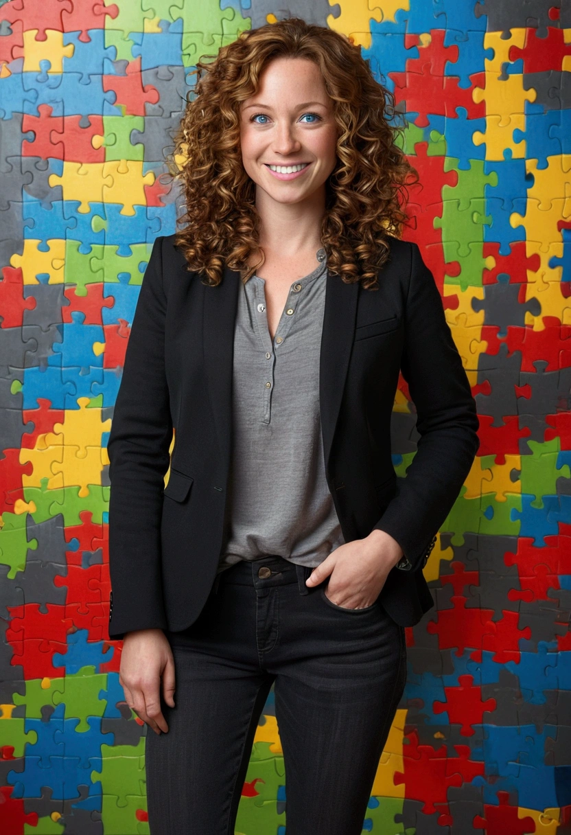 A 37 year old woman, with curly brown hair with highlights, smiling round face and blue eyes, wearing gray shirt, black blazer, and black jeans. full - length portrait, looking at the camera, 3d, Pixar-style, animated cartoon. Background wall with red puzzle, cerulean, green and yellow