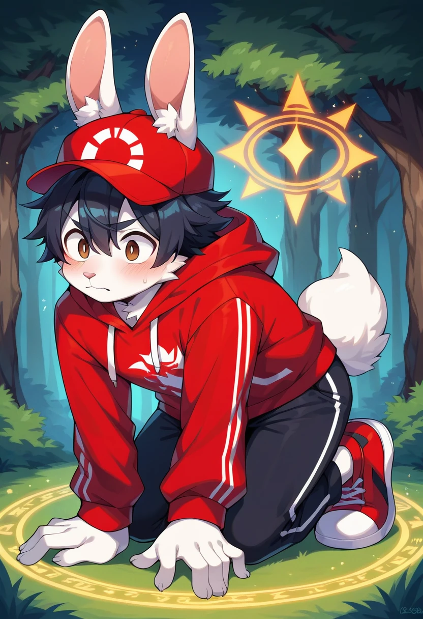 masterpiece, best quality, expressive eyes, perfect face, a man get transformed into a furry bunny, furry bunny, white fur, bunny tail, bunny ears, solo, surpriced, blushed, black hair, long hair, red baseball cap, black shirt, red hoodie, black sports pants, red sport shoes, brown eyes, full body, in a magic forest, glitter, embarrassed pose, magic circle on the floor.