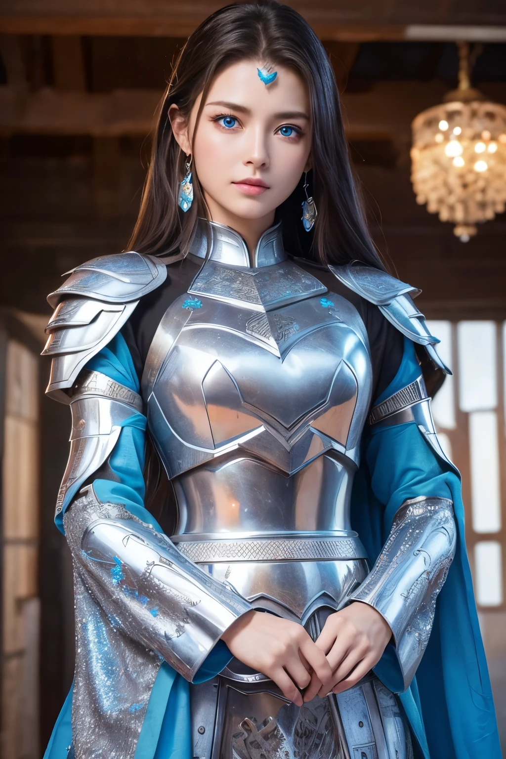 Female General、Ultra HD、High resolution、distinct、Glittering ornaments、Colorful and gorgeous jewelry、Beautiful blue eyes、Silver Armor、Armor that covers the whole body、、