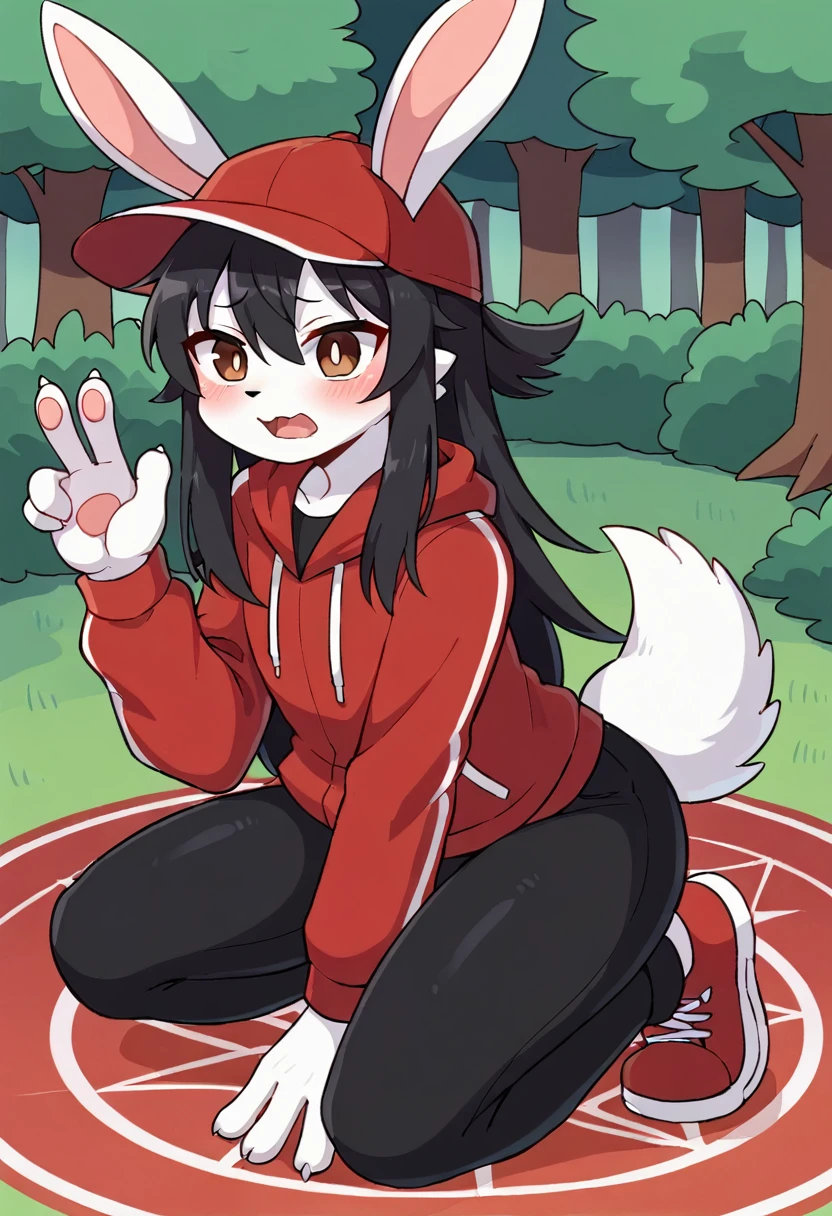 masterpiece, best quality, expressive eyes, perfect face, a man get transformed into a furry bunny, furry bunny, white fur, bunny tail, bunny ears, solo, surpriced, blushed, black hair, long hair, red baseball cap, black shirt, red hoodie, black sports pants, red sport shoes, brown eyes, full body, in a magic forest, glitter, embarrassed pose, magic circle on the floor.