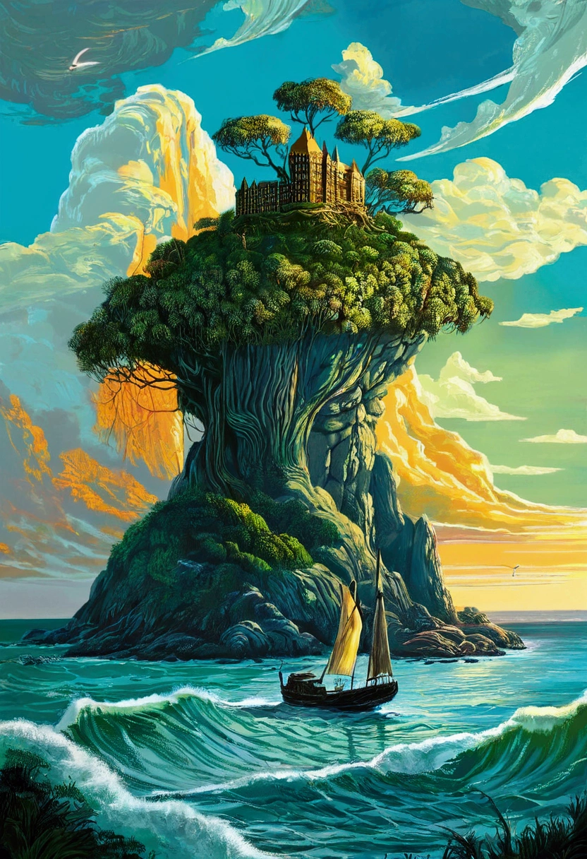 Mysterious Island, by Alexei antonov, cinematic still, (best quality, masterpiece), very aesthetic, perfect composition, intricate details, ultra-detailed, vivid colors
