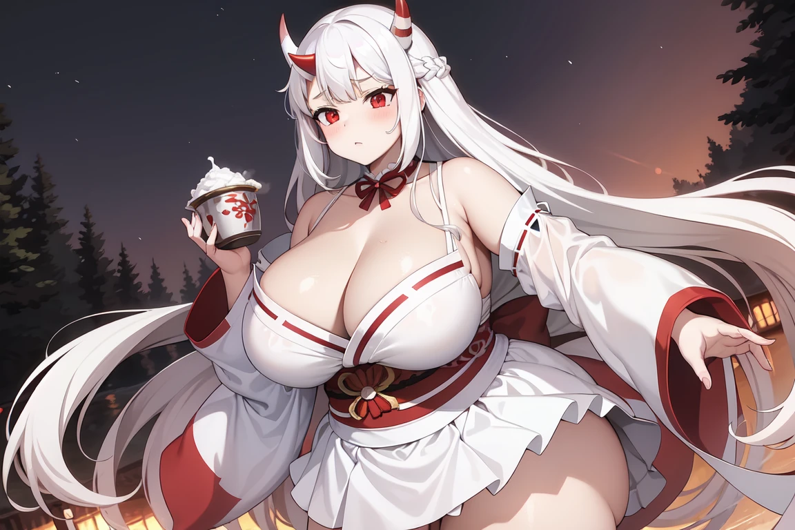 1girl, white hairs, red eyes, skimpy white-red kimono, long hair, massive breasts, mature, lake, night, cleavage, Oni, armored skirt, oni horns