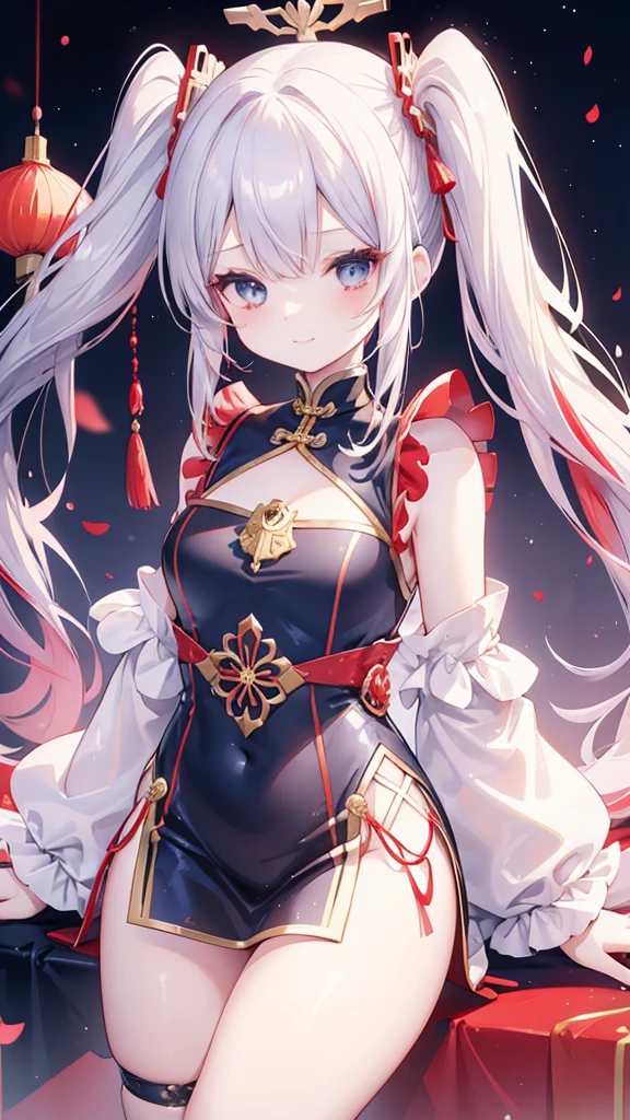 Silver Hair、Twin tails、Red gradient hair、Navy blue hair ornament、Golden hair ornament、Red and navy blue odd eyes、smile、Grown-up、White Chinese Dress、red decoration、Navy blue decoration、Golden decoration、Silver decoration、Shoulder Bare、Chest、tights、Chinatown