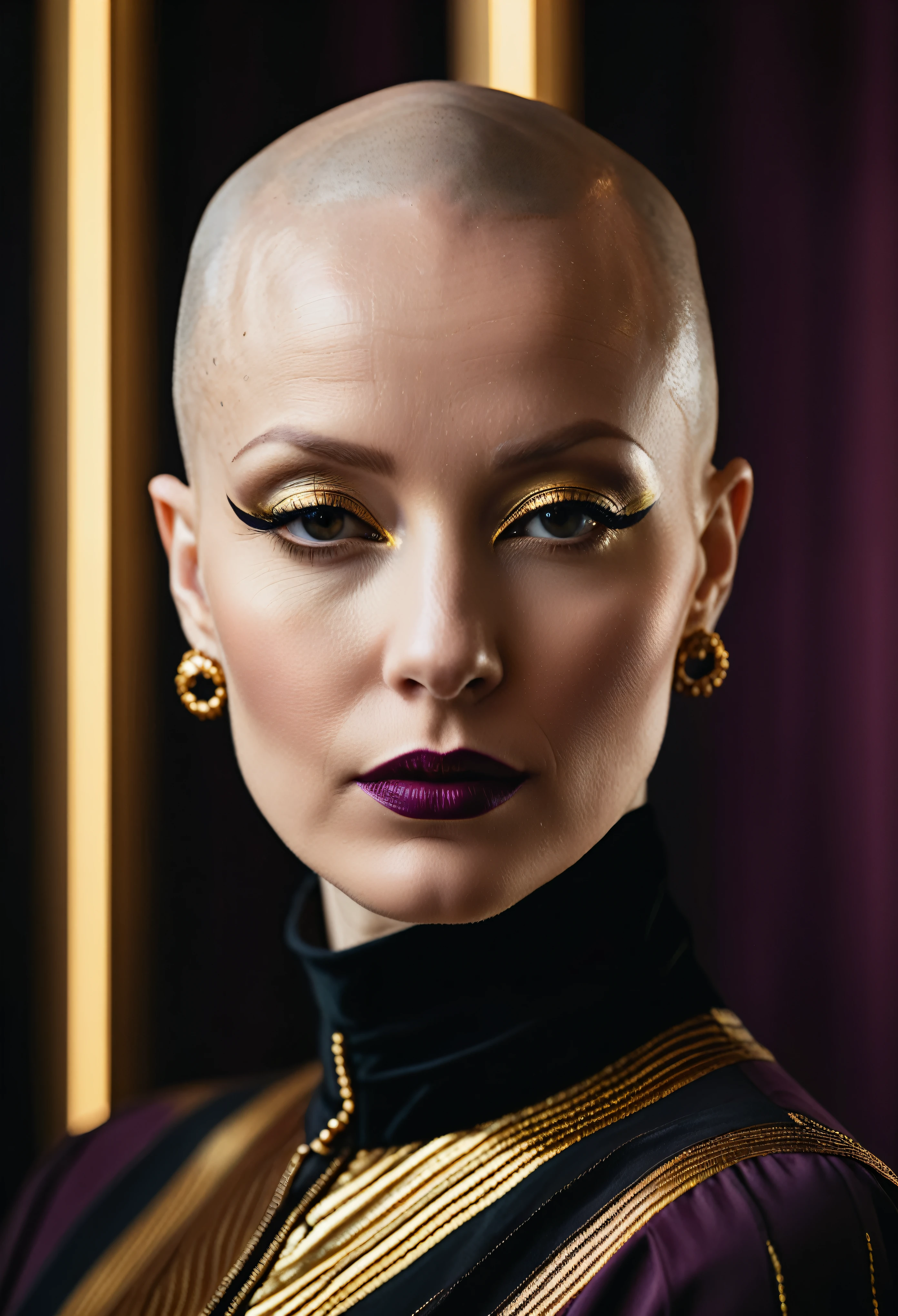 mid shot, A cinematic photograph of a stylized portrait of a bald woman's head, with bold glossy black and gold stripes, luxury and sophistication, serene backdrop in a rich deep plum hue, mystery and creativity, Rembrandt light that accentuates the subject's striking features, shallow depth of field, enigmatic gaze