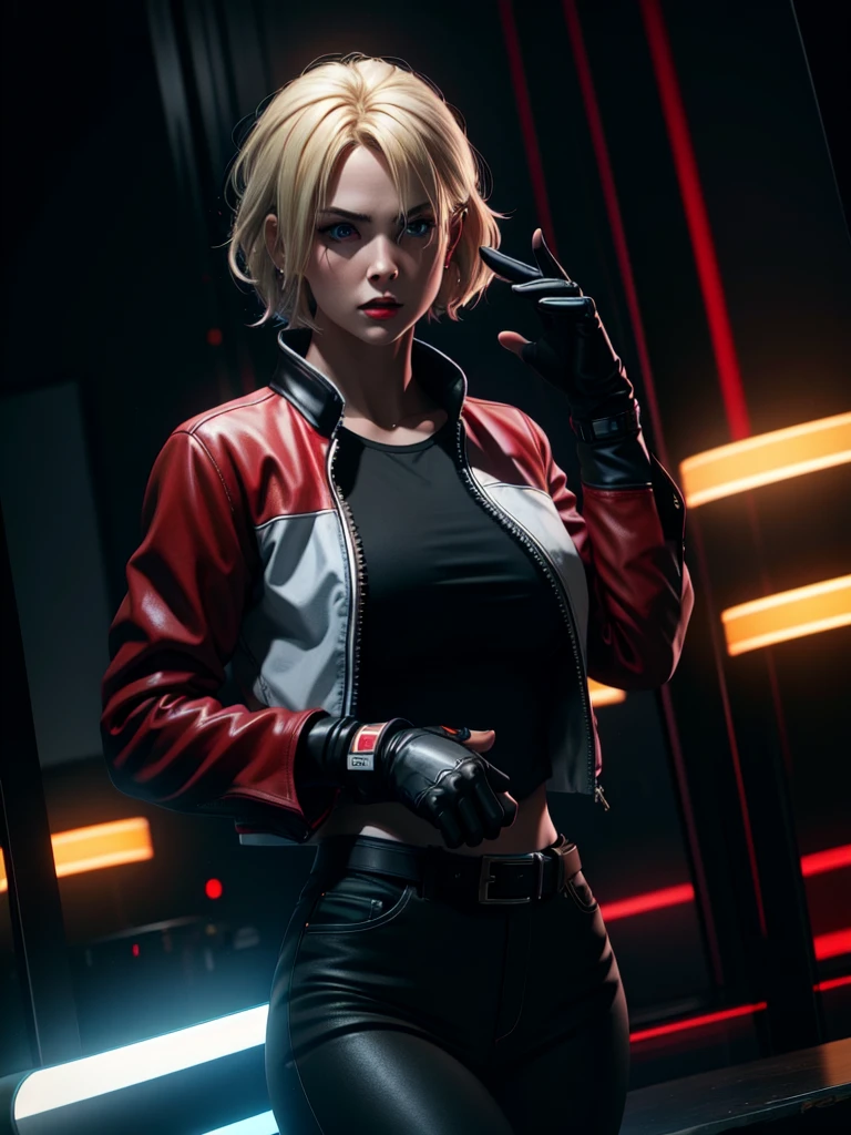25-year-old woman, alone, blonde hair, red jacket, black t-shirt, black belt and black pants, black fingerless exercise gloves, annoyed look, expelling great blue power, cinematic, ultra-sharp focus, photography award winning, perfect contrast, high sharpness, depth of field, ultra detailed photography, global illumination, fluid, ultra high definition, 8k, Unreal Engine 5, ultra sharp focus, award winning photography, art station trends