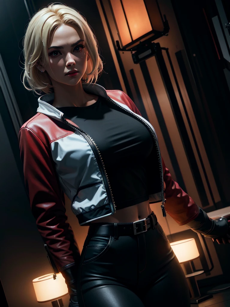 25-year-old woman, alone, blonde hair, red jacket, black t-shirt, black belt and black pants, black fingerless exercise gloves, annoyed look, expelling great blue power, cinematic, ultra-sharp focus, photography award winning, perfect contrast, high sharpness, depth of field, ultra detailed photography, global illumination, fluid, ultra high definition, 8k, Unreal Engine 5, ultra sharp focus, award winning photography, art station trends
