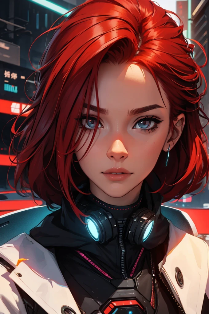 amazing red hair, female cyberpunk character scientist, portrait, face shot, close-up