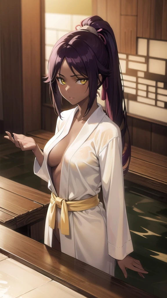 BREAK looking at viewer,BREAK (masterpiece:1.2), best quality, high resolution, unity 8k wallpaper, (illustration:0.8), (beautiful detailed eyes:1.6), extremely detailed face, perfect lighting, extremely detailed CG, (perfect hands, perfect anatomy),yoruichi shihouin, long hair, (yellow eyes:1.5),onsen,hot springs,night,ponytail, purple hair, dark skin, dark-skinned female,sexy lingerie,nipples,nipples see through,bathrobe.