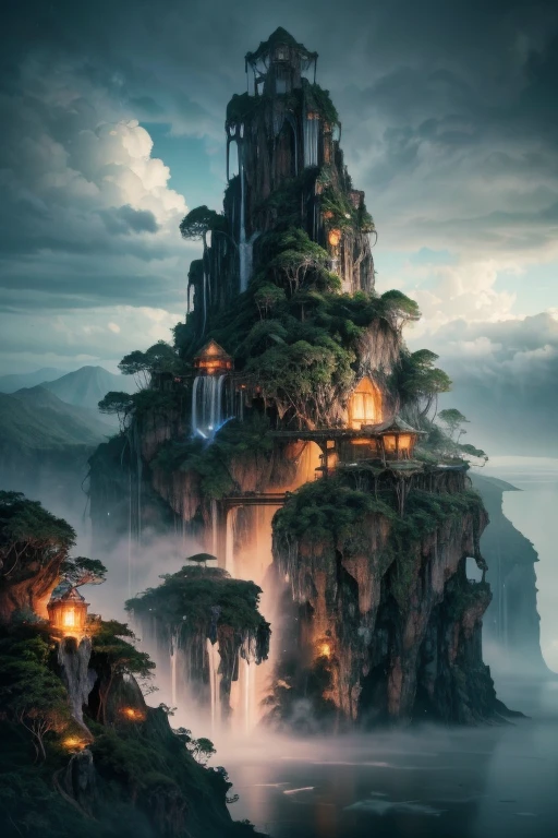 A mystical mysterious island above the sky, Rain forest, mist, clouds surrounding the island, waterfalls falling down the sky, mysterious atmosphere,floating island in the sky, mystical, fantasy, digital art, intricate details, 8k, photorealistic, hyperrealistic, cinematic lighting, dramatic lighting, high quality, intricate details, masterpiece, digital art