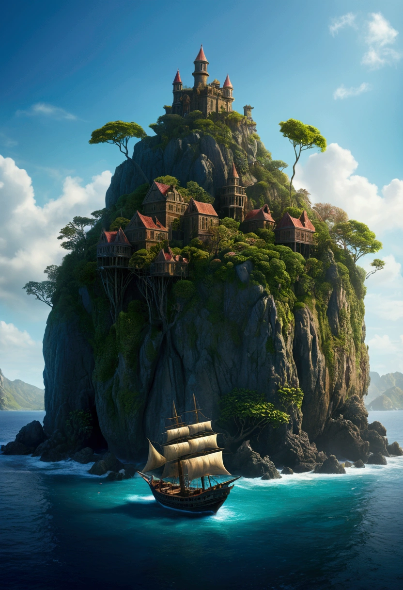Mysterious Island, by Alexei antonov, cinematic still, (best quality, masterpiece), very aesthetic, perfect composition, intricate details, ultra-detailed, vivid colors