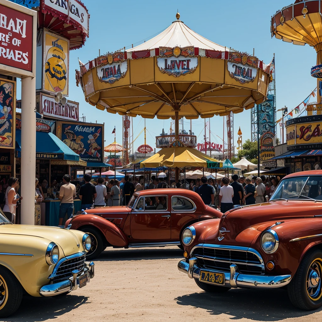 Create an illustration depicting a vibrant antique car show at Coney Island. The scene features a variety of classic cars lined up along a lively street, with the iconic Ferris wheel and carnival rides in the background. The atmosphere is festive, with people admiring the vintage cars, colorful storefronts, and detailed murals depicting circus acts and attractions. The bright blue sky and sunlight enhance the cheerful ambiance, highlighting the nostalgic charm of this popular eventà
