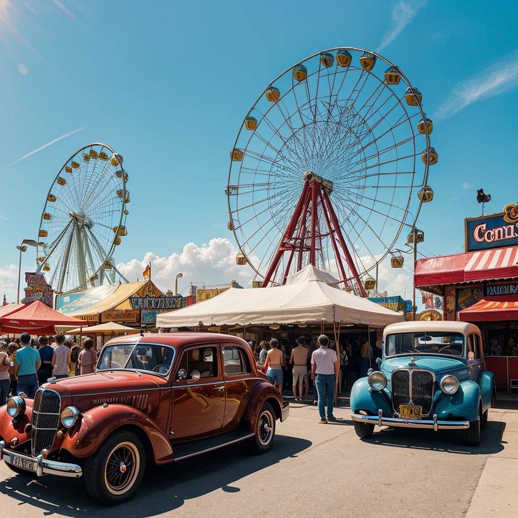 Create an illustration depicting a vibrant antique car show at Coney Island. The scene features a variety of classic cars lined up along a lively street, with the iconic Ferris wheel and carnival rides in the background. The atmosphere is festive, with people admiring the vintage cars, colorful storefronts, and detailed murals depicting circus acts and attractions. The bright blue sky and sunlight enhance the cheerful ambiance, highlighting the nostalgic charm of this popular eventà