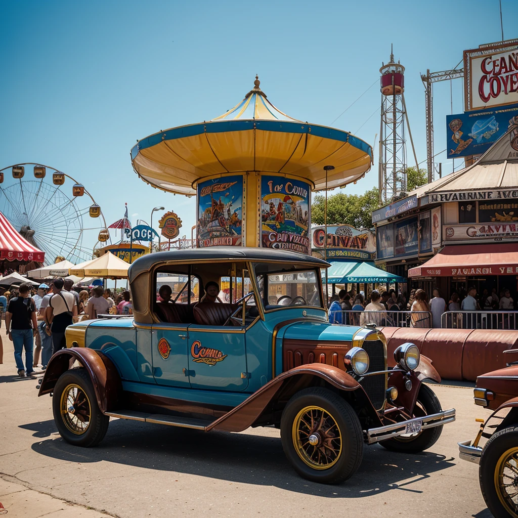Create an illustration depicting a vibrant antique car show at Coney Island. The scene features a variety of classic cars lined up along a lively street, with the iconic Ferris wheel and carnival rides in the background. The atmosphere is festive, with people admiring the vintage cars, colorful storefronts, and detailed murals depicting circus acts and attractions. The bright blue sky and sunlight enhance the cheerful ambiance, highlighting the nostalgic charm of this popular eventà