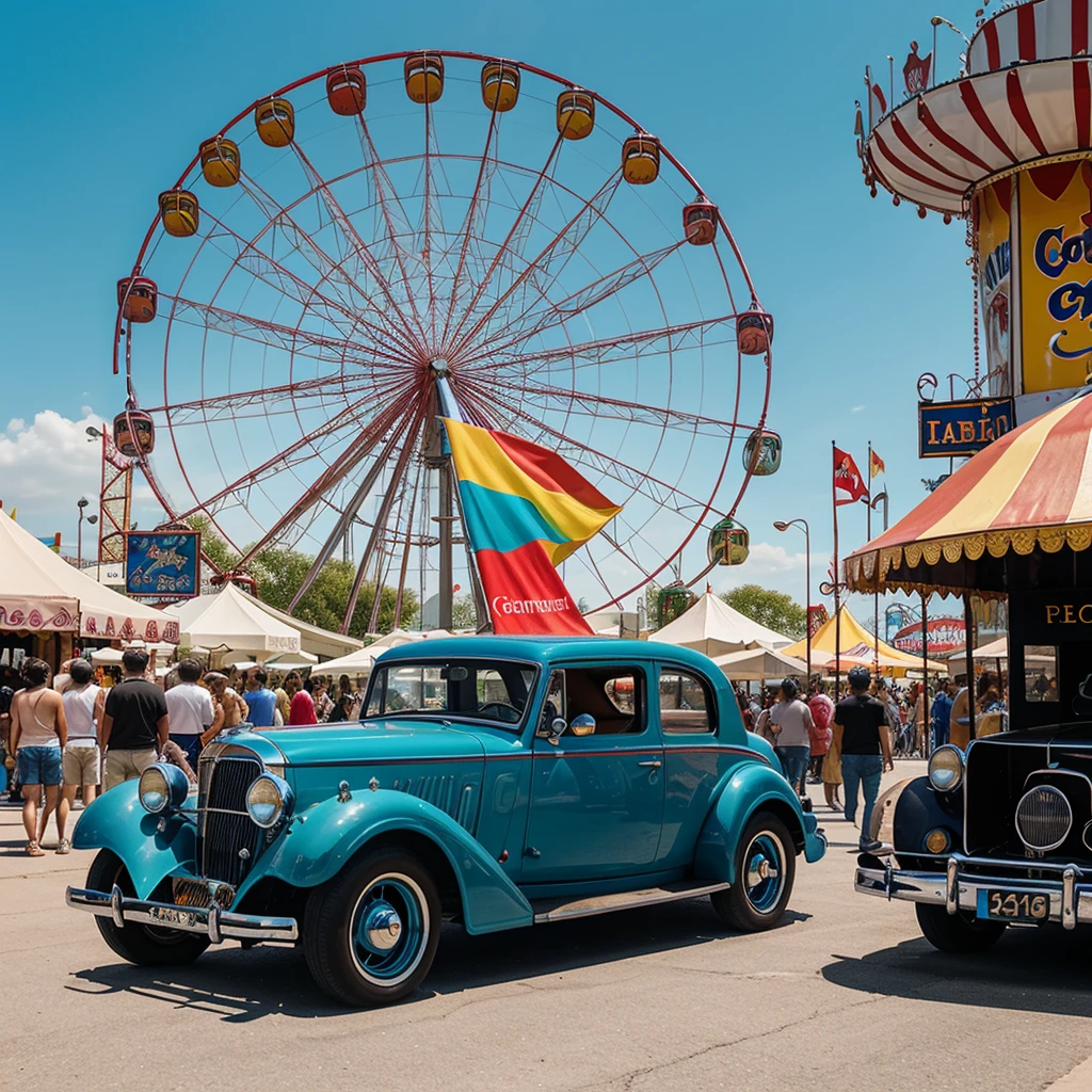 Create an illustration depicting a vibrant antique car show at Coney Island. The scene features a variety of classic cars lined up along a lively street, with the iconic Ferris wheel and carnival rides in the background. The atmosphere is festive, with people admiring the vintage cars, colorful storefronts, and detailed murals depicting circus acts and attractions. The bright blue sky and sunlight enhance the cheerful ambiance, highlighting the nostalgic charm of this popular eventà