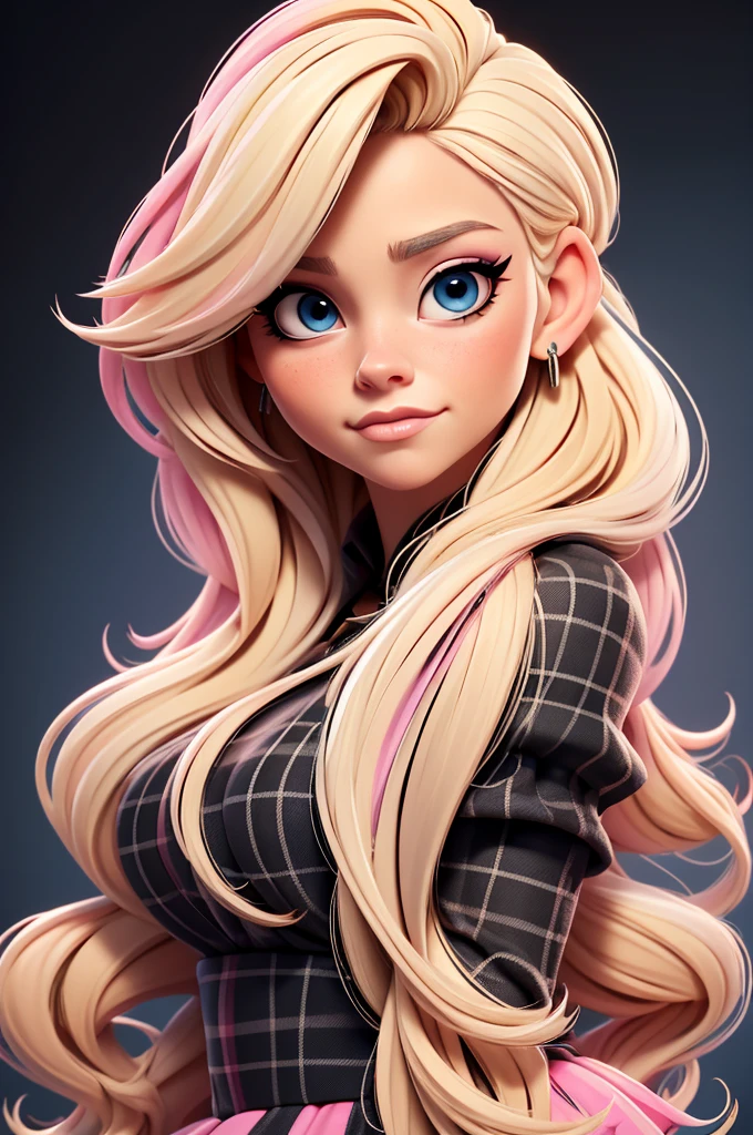 avril lavigne, plaid black and white dress, blue eyes, hair blonde and pink ombre, makeup, big eyelash, perfect, 8k, blonde, blonde, pink fushia, white background, yellow hair,