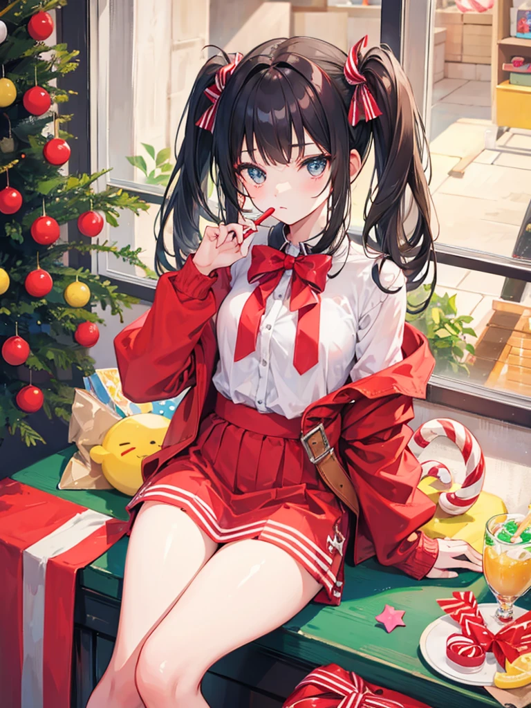 A girl sitting holding a candy cane