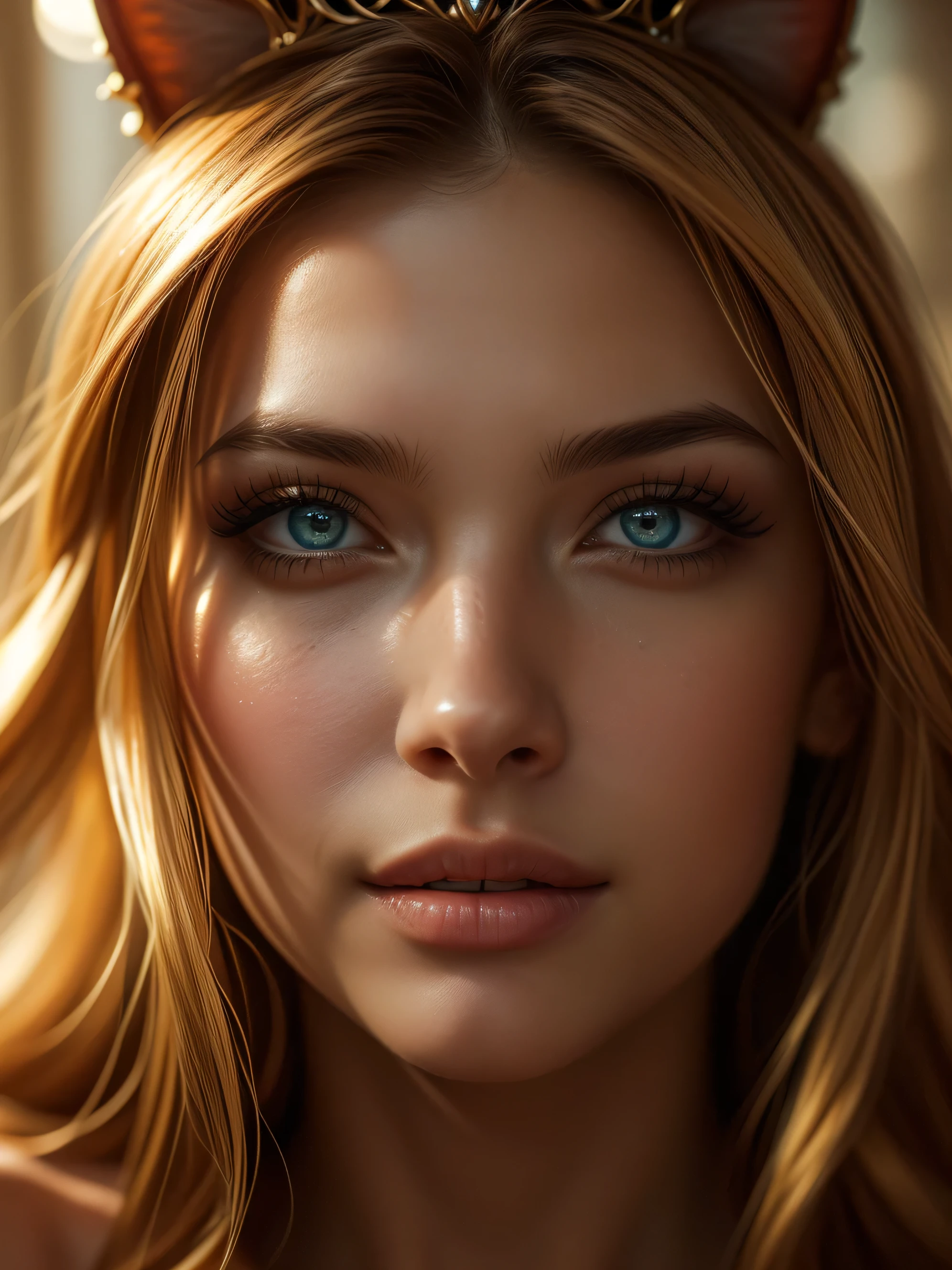 (((ultra realistic))) A close up Photo, masterpiece, top quality, (Ultra detailed face and eyes:1.3), 1 girl, astonishing beauty, ultra beautiful cat eye makeup, seductive smile, seductive queen, (special attention to skin detail: 1.2),  Ultra detailed eyes, Erotic atmosphere, beautiful golden flowy hair, strong jaw line, perfect geometry 