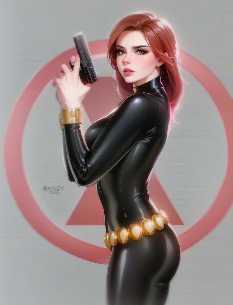  Black Widow, from the Marvel Comics universe. She is showcased in a sleek skin-tight shiny black latex bodysuit, a belt made of golden circles, and golden wrist guards. In her right hand, she is holding a gun. The ambiance divulges power, strength, and an impressive aura radiated by Black Widow.