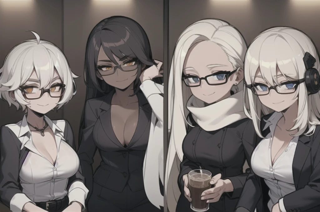 three sexy women looking at camera, flirtatious smiles, dark skin, office outfits, chokers, portrait, short curly white hair, glasses