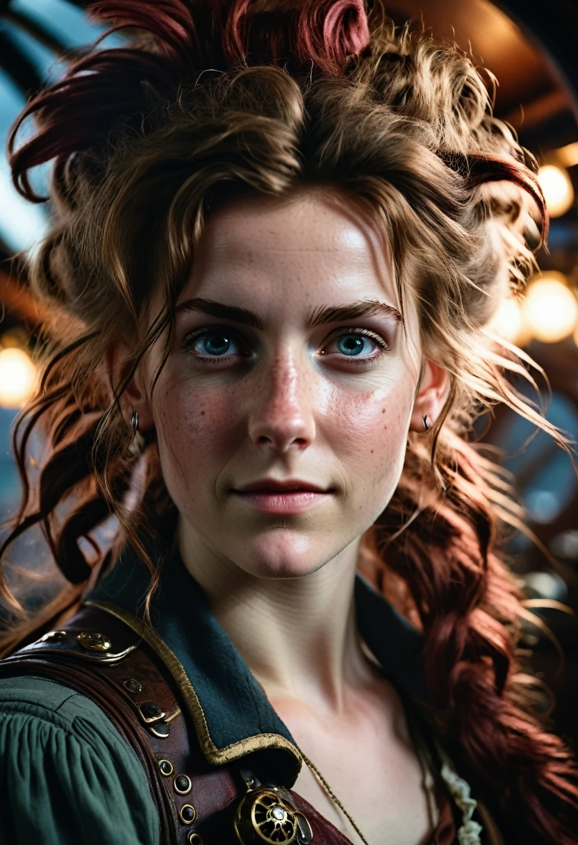 (editorial photography of Aerith Gainsborough), (highly detailed face:1.4), no close-up, (smile:0.4), (background inside dark, moody, private:1.3), steampunk pirate's airship, nikon d850, stock photography, kodak portra 400 film ,camera f1.6 lens, bokeh, analog style, rich colors, hyper realistic, lifelike texture, dramatic lighting, cinestill 800, messy hair, serious, (freckles:0.4), pale skin, cute sexy