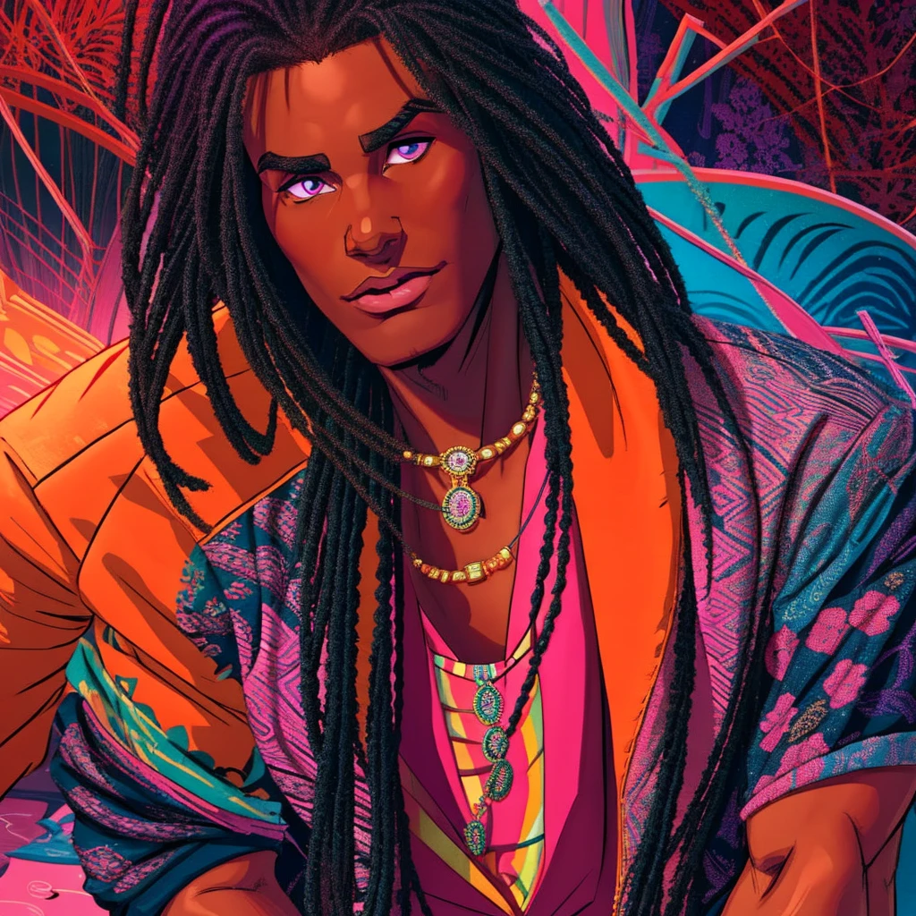 (best quality:1.1),original, 1man, A handsome man with dark skin, African American man with natural hair, magenta eyes, dressed in blue urban clothes(fancy jacket, designer shirt and goldem necklace), cartoon, faded haircut, masculine braids, anime illustrations, style is abstract beauty, Sundaratang, mixed patterns, close-ups, charming character illustrations, folklore --ar 2:3 --v 6