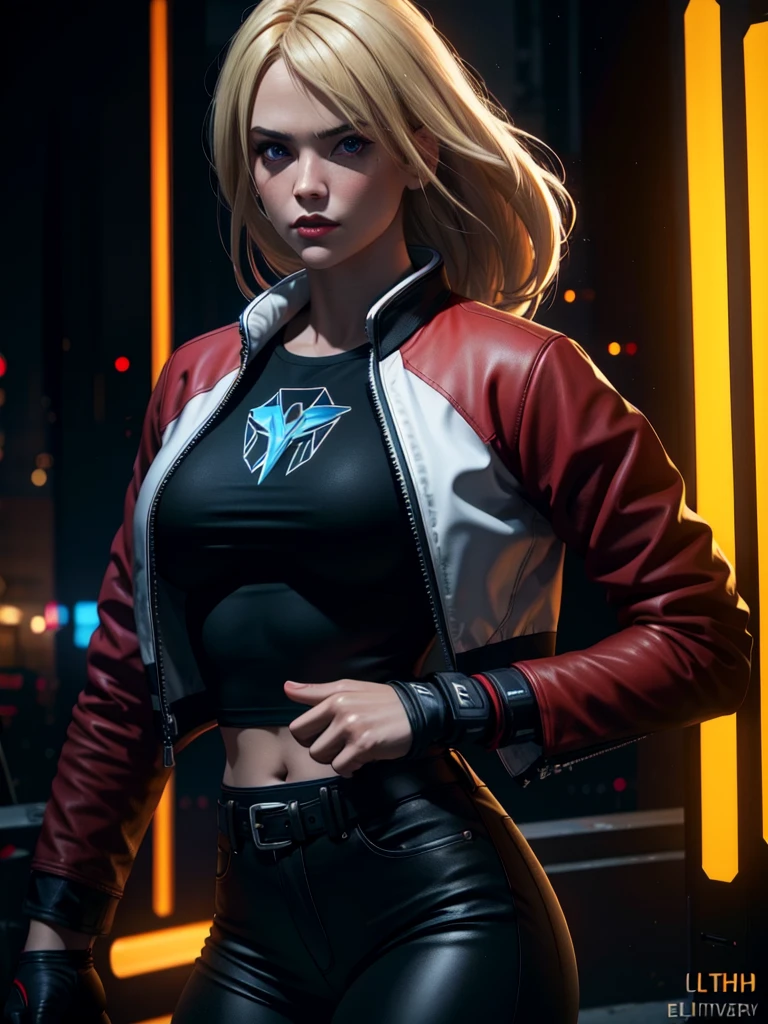 25-year-old woman, alone, blonde hair, red jacket, black t-shirt, black belt and black pants, black fingerless exercise gloves, annoyed look, expelling great blue power, cinematic, ultra-sharp focus, photography award winning, perfect contrast, high sharpness, depth of field, ultra detailed photography, global illumination, fluid, ultra high definition, 8k, Unreal Engine 5, ultra sharp focus, award winning photography, art station trends
