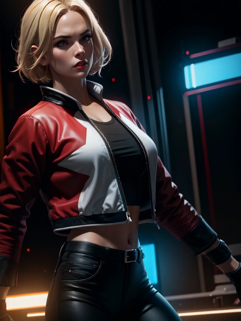 25-year-old woman, alone, blonde hair, red jacket, black t-shirt, black belt and black pants, black fingerless exercise gloves, annoyed look, expelling great blue power, cinematic, ultra-sharp focus, photography award winning, perfect contrast, high sharpness, depth of field, ultra detailed photography, global illumination, fluid, ultra high definition, 8k, Unreal Engine 5, ultra sharp focus, award winning photography, art station trends