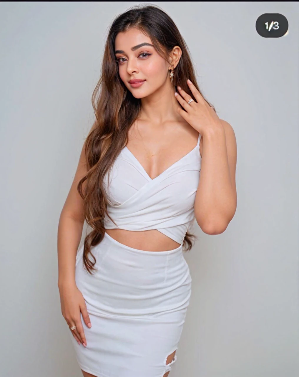 A girl age between 22 years old and her dressing with model but not to showup of private parts, her face with eyes of some blueish part like as Aishwarya rai, smile with beautiful shradhha kapoor, cheeks are beautiful, the hole main point is this the girl so look real beauty and natural skin