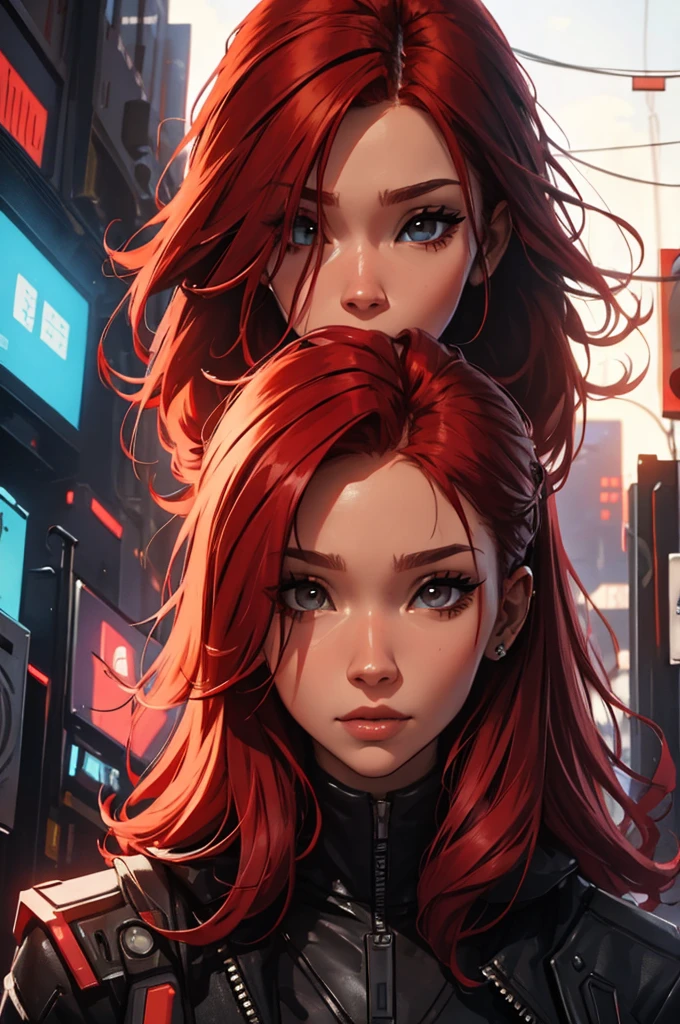 amazing red hair, female cyberpunk character scientist, portrait, face shot, close-up