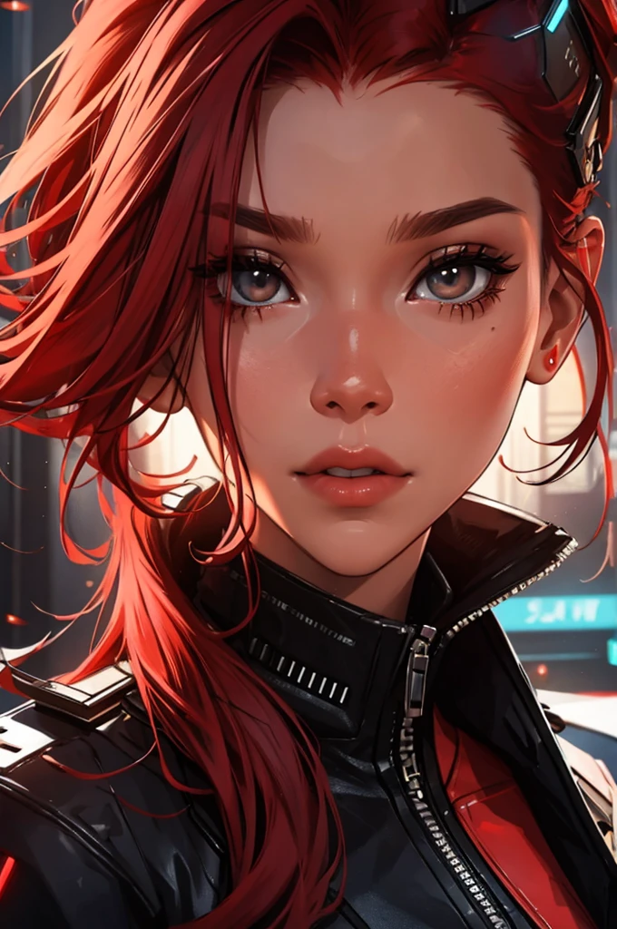 amazing red hair, female cyberpunk character scientist, portrait, face shot, close-up