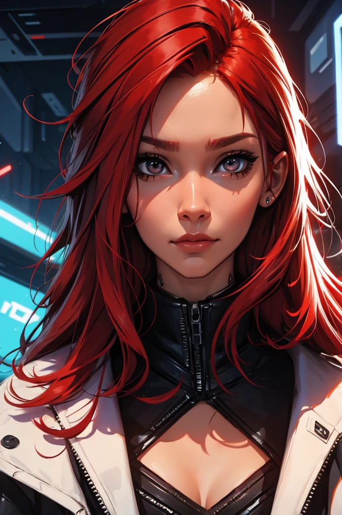 amazing red hair, female cyberpunk character scientist, portrait, face shot, close-up