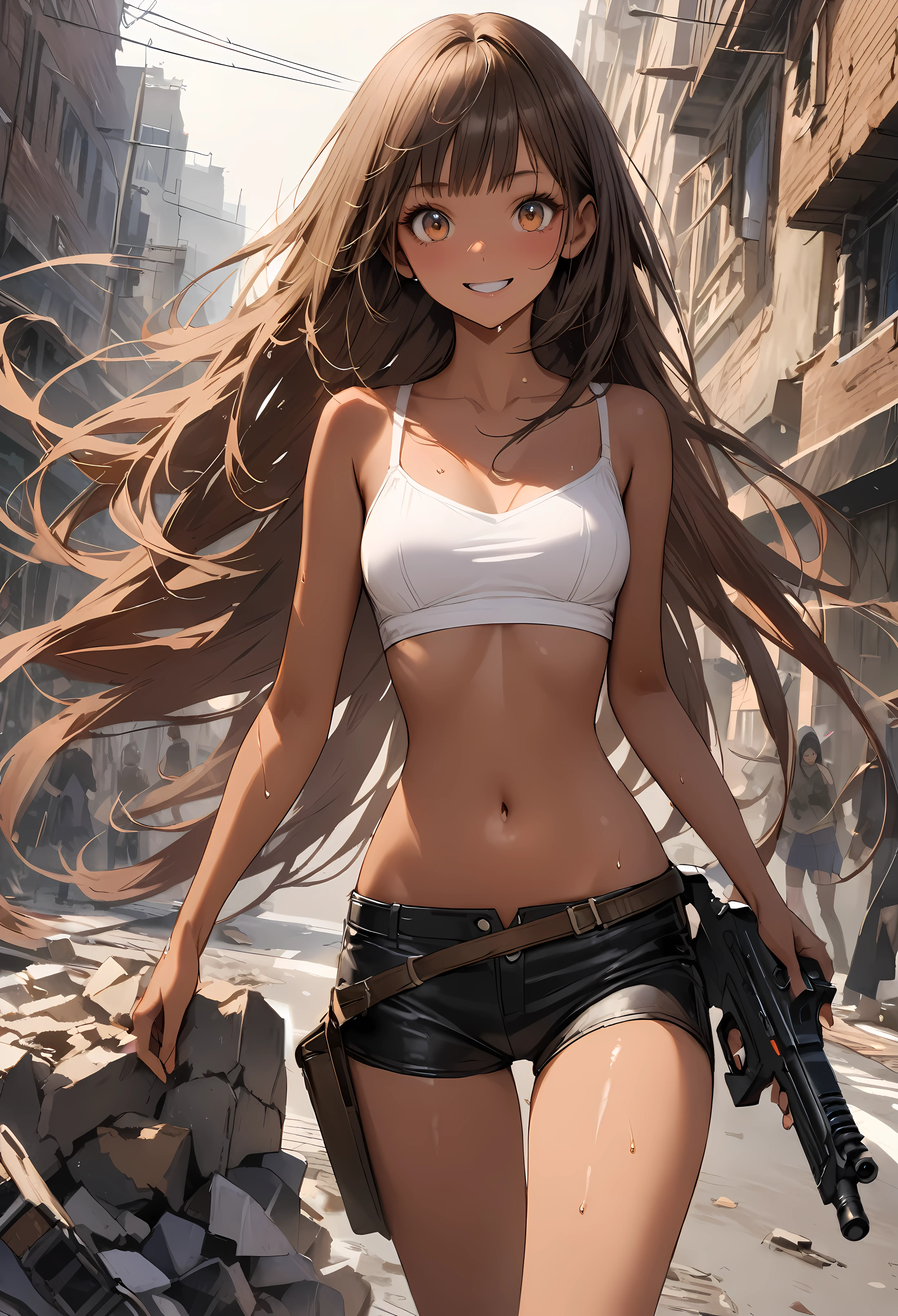 Dynamic gun action scenes、Woman shooting down zombieasterpiece,Highest quality:1.3,best quality illustration)),(realistic),cowboy shot,独奏,1woman,25 year old beauty,brown hair,long hair,bangs,brown eyes,(gorgeous big eyes),((very small head:1.3)),A strong smile,((very long body:1.2,skinny)),((tan skin:1.4)),medium breasts,White sports bra、navel,Black leather micro shorts、Carrying a gun in a leg holster,gleaming skin,slender body,sweat,standing,Collapsed Buildings、on street,New York City、Resident Evil World、
