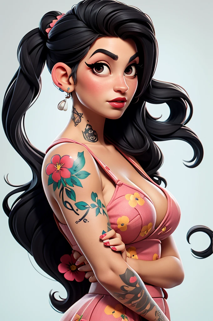 Amy Winehouse,, flower dress, white background,tattoo, red lips, pink pinup style, aqua black eyes,
