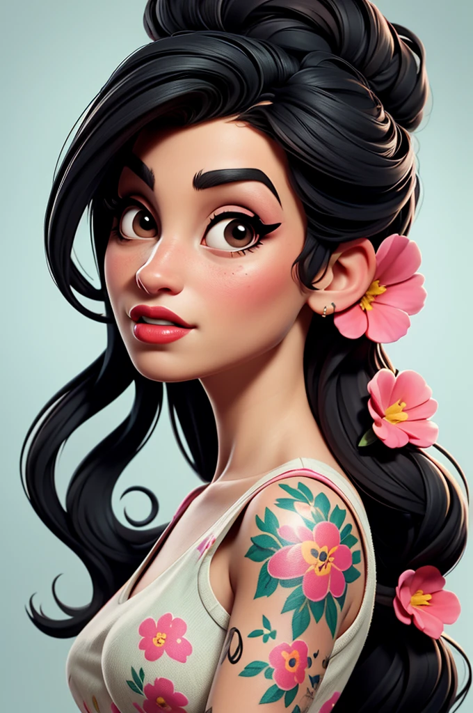 Amy Winehouse,, flower dress, white background,tattoo, red lips, pink pinup style, aqua black eyes,
