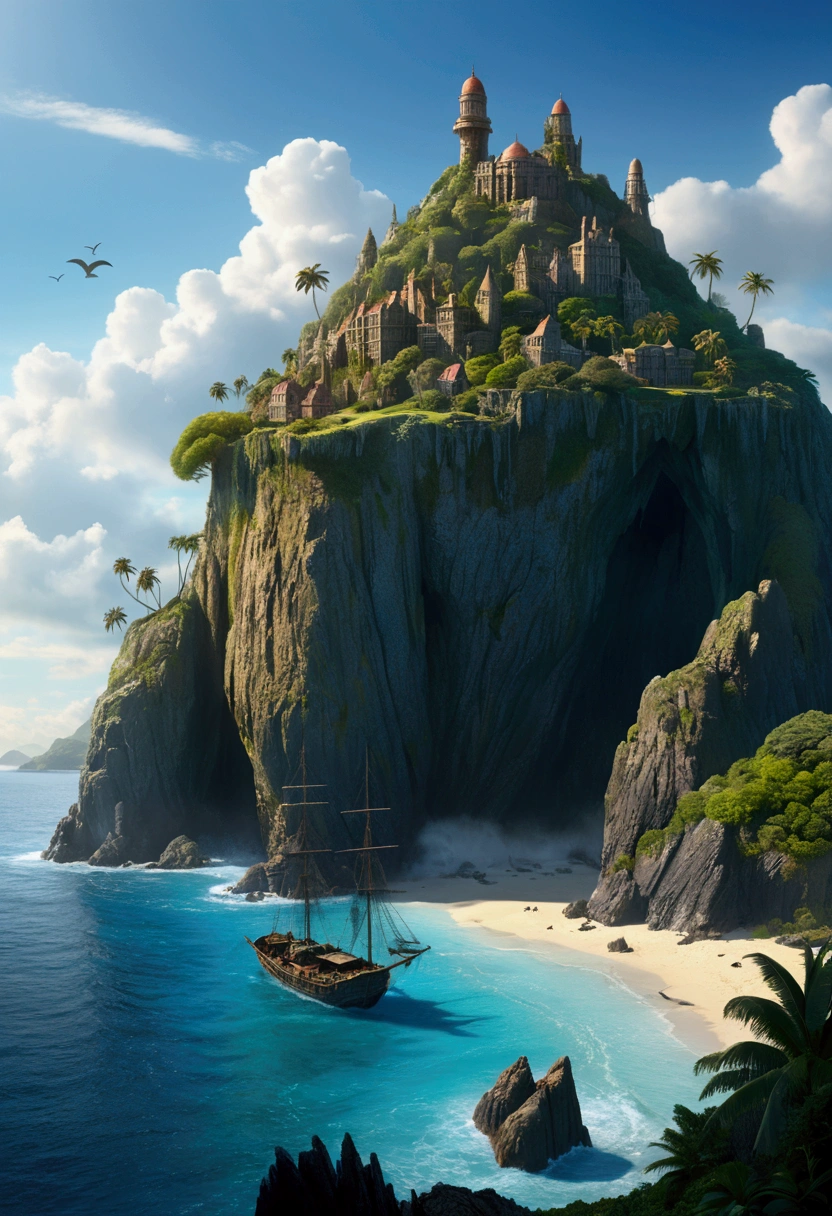 Mysterious Island, by Alexei antonov, cinematic still, (best quality, masterpiece), very aesthetic, perfect composition, intricate details, ultra-detailed, vivid colors